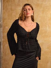SHEIN VCAY Plus Size Women Solid Color Textured Sheer Blouse