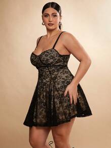 SHEIN BAE Plus Size Black Sexy Romantic A-Line Lace Cami Dress Suitable For Dating, Party, Afternoon Tea, Travel, Birthday, Wedding, Going Out, Night Out, Elegant, Evening, Holiday Outfit Valentine's Day