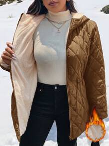 SHEIN Frenchy Plus Size Women Padded Coat With Hat, Thermal Lined, Pockets, Versatile - Brown - View 3