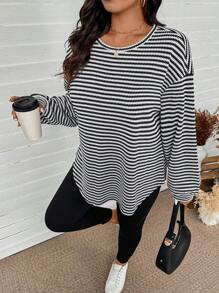 SHEIN LUNE 2 件套黑白罗纹纹理上衣和罗纹紧身裤，舒适百搭大码新年女装冬装女装狂欢装感恩节装女装新年女装冬季外套女装冬装女装运动服女装冬季套装度假两件套新年运动裤