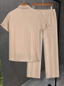 Manfinity Homme Men Solid Button Up Shirt & Drawstring Waist Pants Without Tee, Men Co Ord Set, Casual Two Piece Set Men, Cozy Outfits