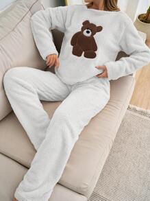 SHEIN Cottnline 2pcs Plush Bear Embroidery Detail Homewear Lounge PJ Set White And Brown White Autumn Cute Casual - White - View 5