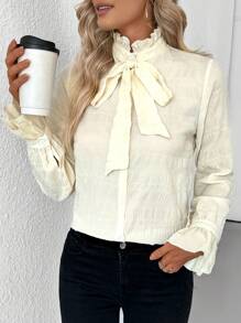 SHEIN Clasi Plain Color Bowknot Versatile Blouse, Spring & Autumn Women Shirt - Apricot - View 6
