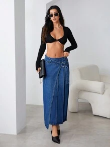 SHEIN Essnce Women's Pleated Pocket Minimalist Denim Skirt, Casual Everyday Wear - Dark Wash - View 3