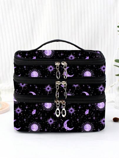 Ayrana Barboza Bolsa de cosméticos con diseño de sol y luna de estilo artístico Kawaii, de 3 capas y con forma cuadrada, para almacenamiento, bolsa de maquillaje