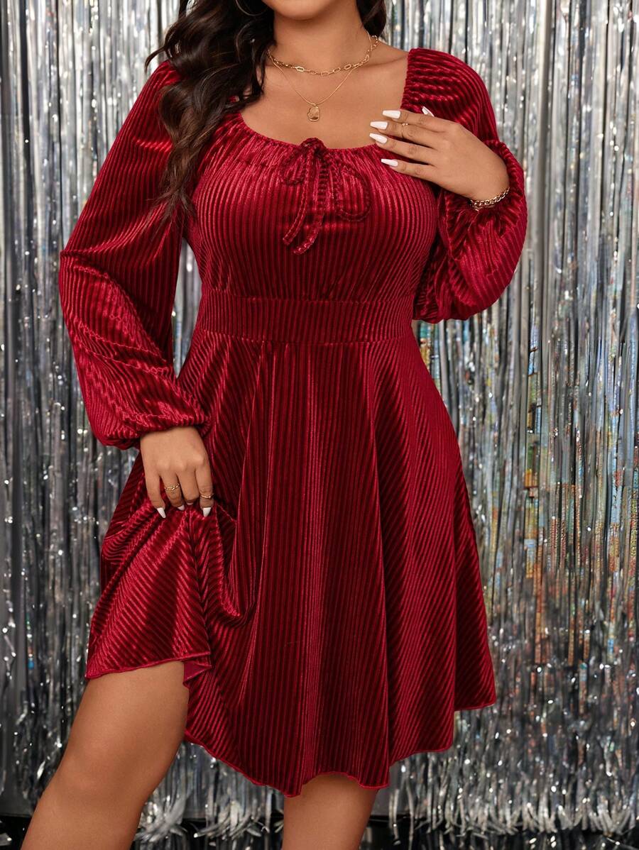 SHEIN Clasi Đầm dự tiệc Giáng sinh tay đèn lồng buộc nơ nhung đỏ cỡ lớn cho nữ, trang phục mùa thu màu đỏ tía cho nữ - Màu Đỏ Sâu - Xem 1