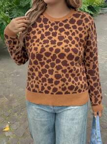 INAWLY Plus Size Leopard Pattern Round Neck Casual Long Sleeve Pullover Sweater Knit Pullover Fall Winter - Brown - View 3