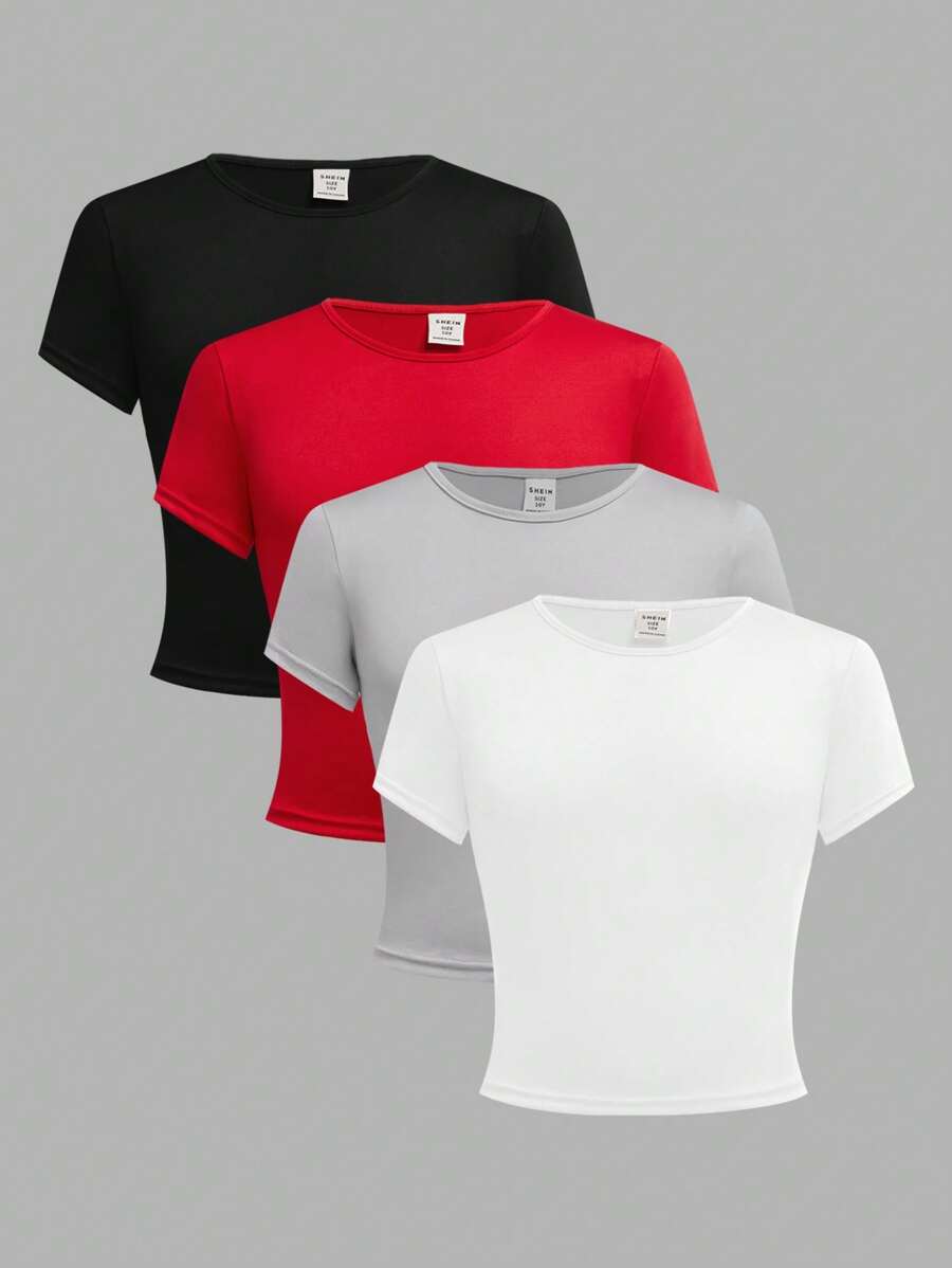 Sparklyn 4pcs Tween Girl Casual Crew Neck Cropped T-Shirt Set, Basic Waist-Cinched - Multicolor - View 1