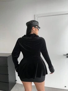 Flirla 大码毛绒领拼布针织喇叭下摆 T 恤 - 黑色 - 查看 2