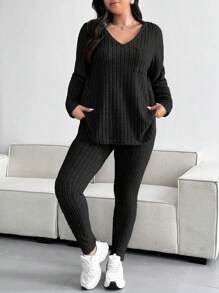POPSWAY Plus Size Casual Solid Color Textured V-Neck Top And Pants Set Fall Cloth For Women - Black - View 5