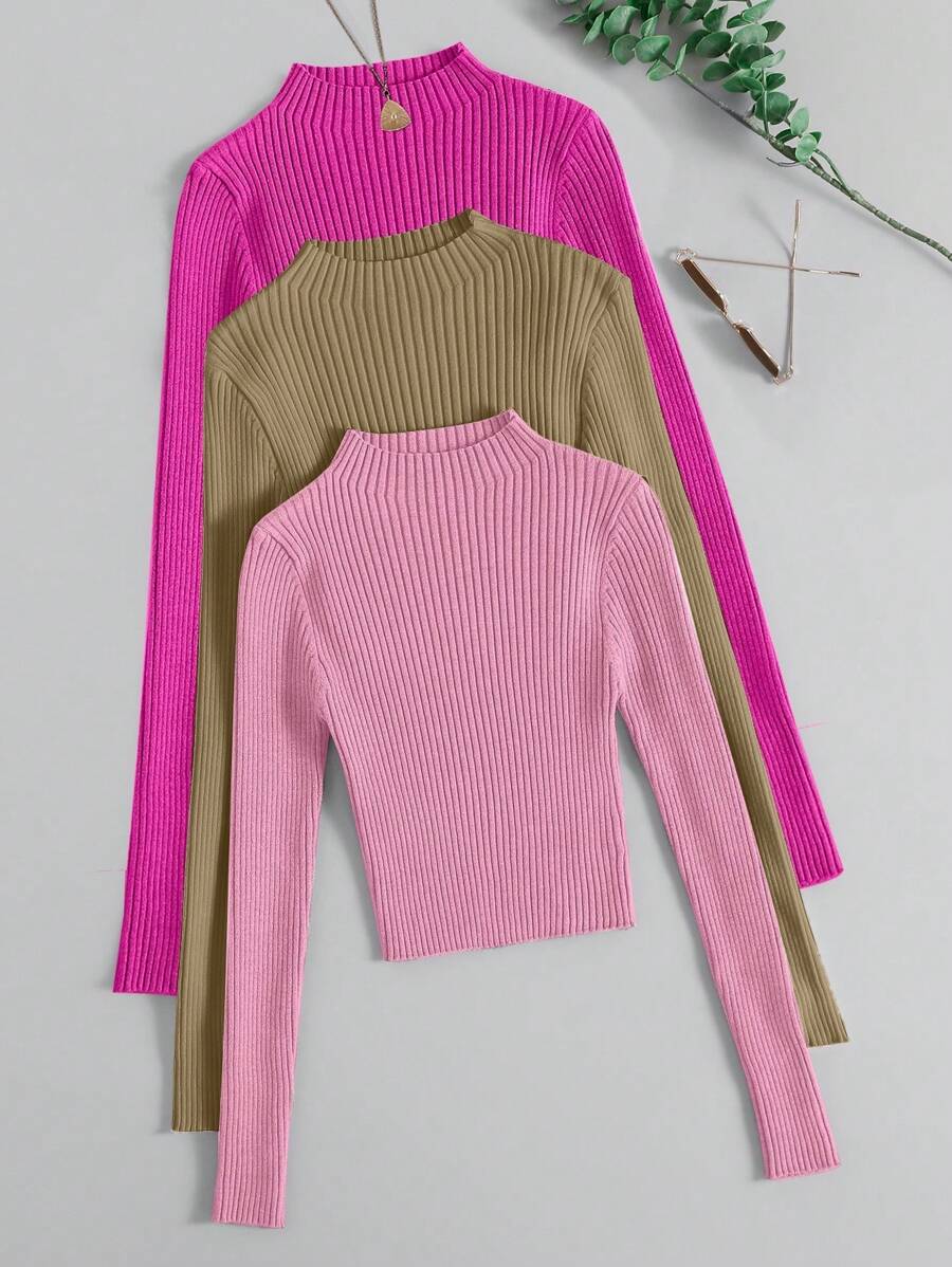 Chiquease 3pcs Mock Neck Ribbed Knit Sweater,Long Sleeve Tops Knit Pullover Fall Winter Outfit - Multicolor - View 1