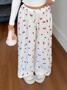POPSWAY Pantalones rectos de talle con cordón y estampado de cerezas para mujer talla grande