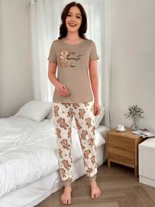 Bear Graphic Short Sleeve Top And Drawstring Ankle Pants Pajama Set  Cozy And Elegant Details - Multicolor - View 6
