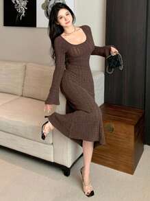 DAZY Women's Solid Round Neck Ribbed Knitted Long Sleeve Elegant Sweater Dress