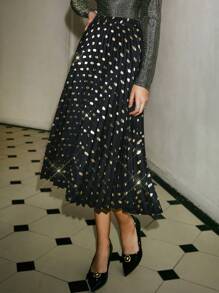 Poéselle 秋季闪耀优雅金箔圆点印花褶皱 A 字裙，派对 A 字裙，闪耀金色圆点褶皱裙，优雅，黑色裙子，FW24 - 銀色 - 查看 6