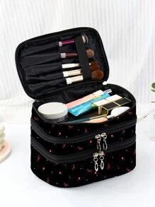 Trape Graphic 艺术家黑樱桃和蝴蝶结图案时尚可爱 3 层化妆包，用于收纳，方形化妆包，情人节