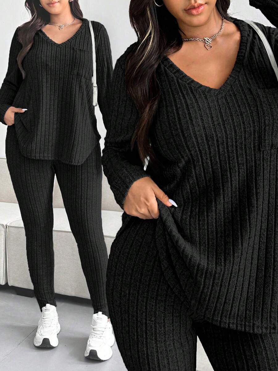 POPSWAY Plus Size Casual Solid Color Textured V-Neck Top And Pants Set Fall Cloth For Women - Black - View 1