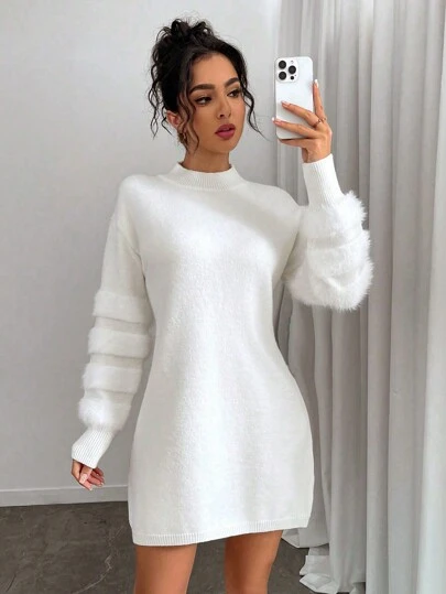 Elenzga 大码女式纯色圆领落肩长袖毛绒拼接休闲毛衣连衣裙，秋冬