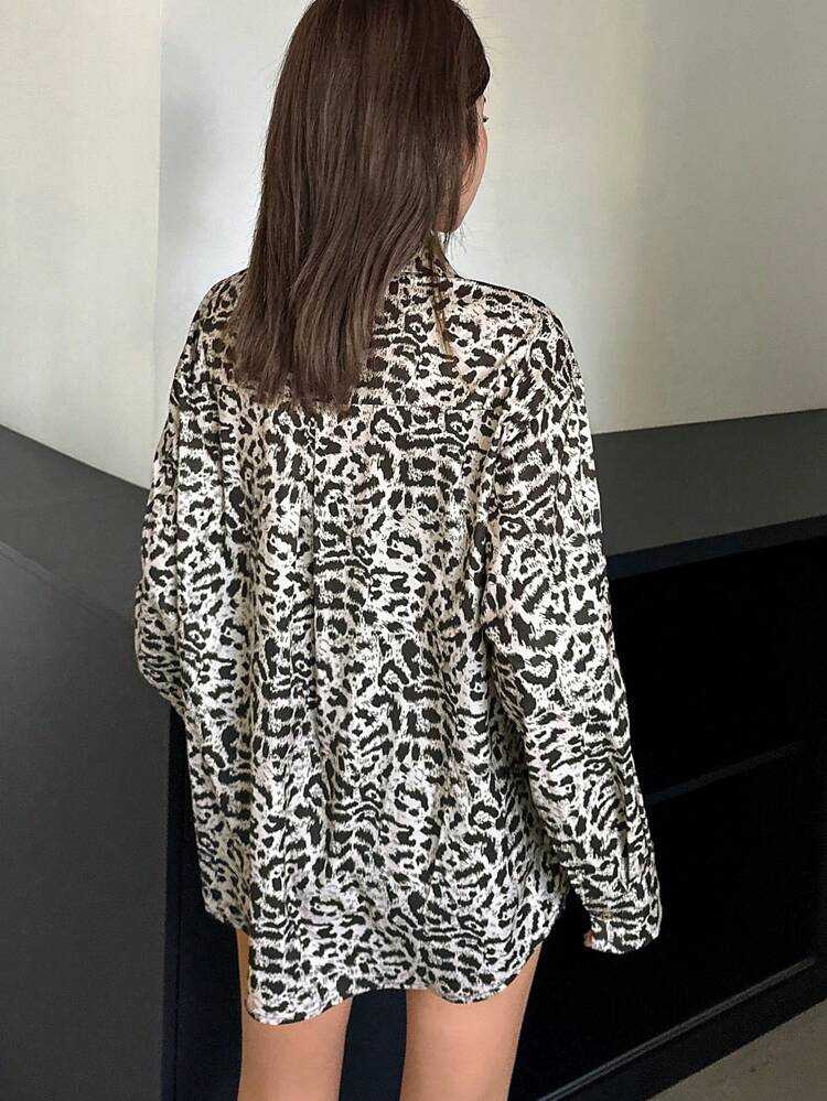 Women's Regular Collar Leopard Print Loose Blouse,Fall Clothes Long Sleeve Top