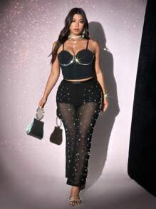 Viva Relle Pantalones sexys transparentes de talla grande con decoración de perlas, para fiestas y uso diario