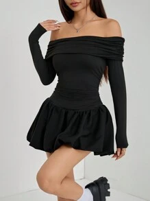 SHEIN PETITE Women's Solid One-Shoulder Long Sleeve Ruffle Hem Mini Dress For Spring & Autumn