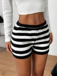 INAWLY Short court noir et blanc à rayures tricoté pour femmes, taille basse, coupe ajustée, élastique, style décontracté d'automne - Multicolore - Voir 5