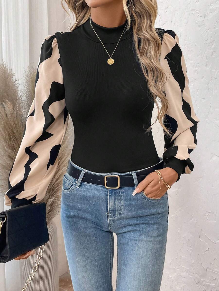 SHEIN LUNE High Neck Geometric Print Color Block Thermal Fitted Baselayer Top For Women - Black - View 1