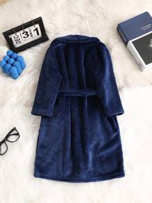 SHEIN Young Boy Classic Bear Embroidered Navy Blue Mink Velvet Flannel Comfortable Robe, Fall/Winter - Royal Blue - View 3