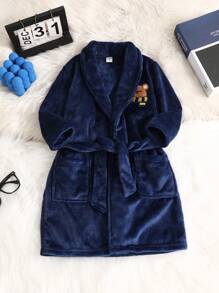 SHEIN Young Boy Classic Bear Embroidered Navy Blue Mink Velvet Flannel Comfortable Robe, Fall/Winter - Royal Blue - View 6