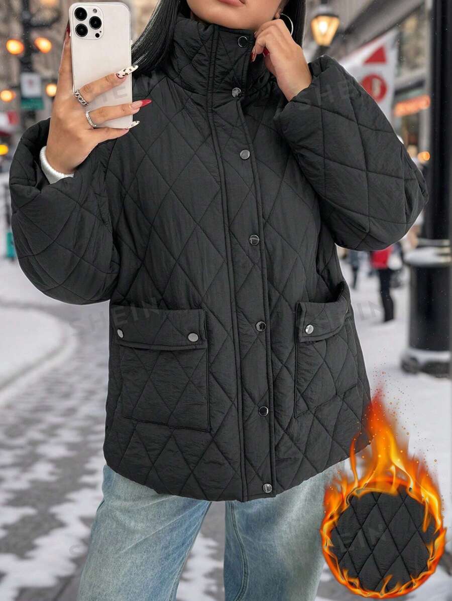 SHEIN EZwear Abrigo casual acolchado con cierre de cremallera y bolsillos para mujer talla grande, color negro y manga larga, para invierno