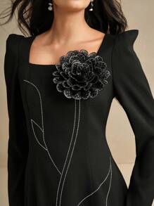 Anewsta Rhinestone 3D Floral Square Neck Puff Sleeve Elegant Dress - Black - View 5