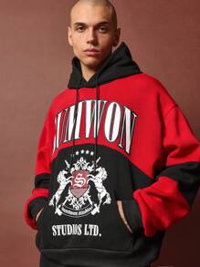SUMWON Conjunto de 2 piezas con sudadera con capucha de ajuste regular con bloques de color y estampado gráfico y pantalón de chándal de ajuste recto con panel en la rodilla