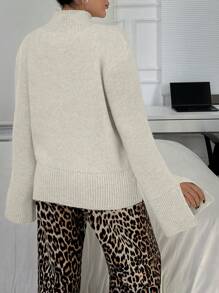 SHEIN Solid Color Stand Collar Slit Casual Versatile Long Sleeve Pullover Sweater