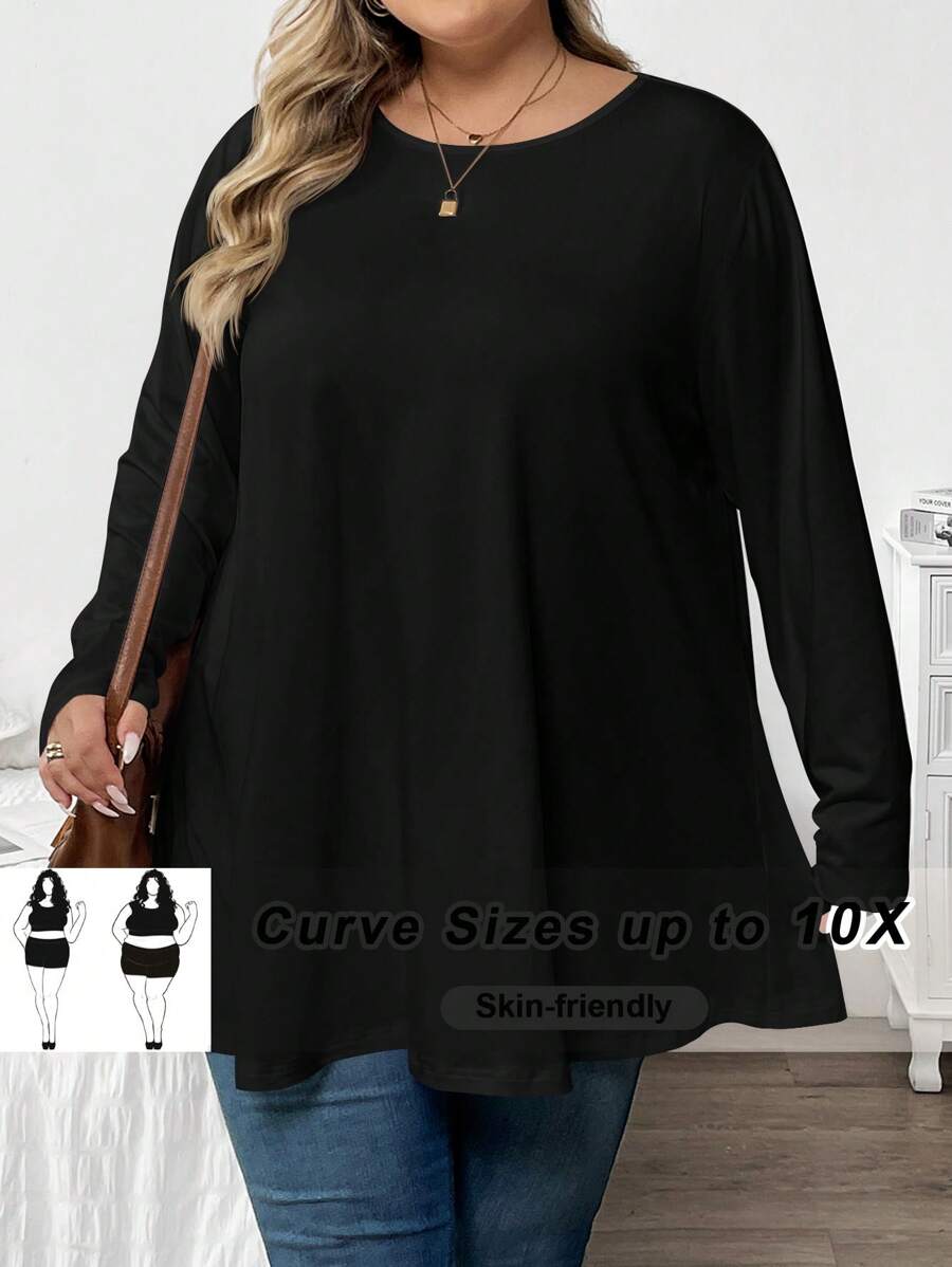 SHEIN CURVE+ Plus Size Solid Color Round Neck Long Sleeve Casual Top - Black - View 1