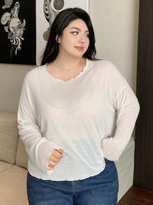Dazy Plus Loose Round Neck Semi-Sheer Cropped Top For Women, White, Spring/Summer