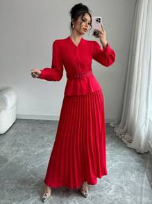 Elenzga 2 件套女士 V 领纯色长袖上衣和裙子套装，适合新年衣服