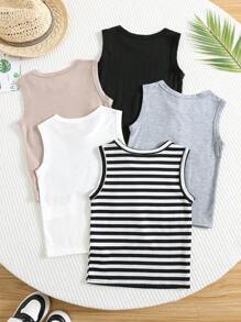 SHEIN 买 1 送 4，年轻男孩 5 件套舒适字母拼接休闲背心，适合户外活动、学校、居家休闲和专业运动