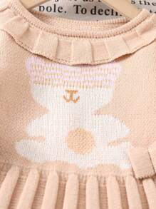 Toddler Girl's Cute Long Sleeve Ruffle Collar Pleated Skirt Bear Jacquard Knit Sweater Dress, Suitable For Fall Season - Khaki - View 4