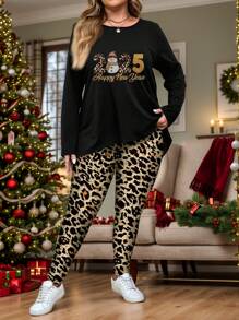 SHEIN LUNE 2 pièces Ensemble de vêtements pour femmes grandes tailles avec t-shirt à manches longues imprimé léopard et lettres, et pantalon de yoga. Convient pour l'automne/l'hiver/Noël - Multicolore - Voir 1