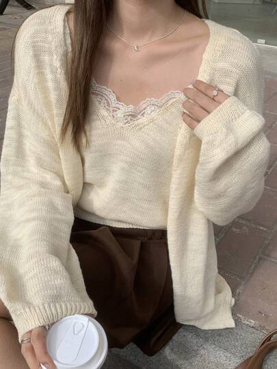 DAZY 2pcs Women Lace Patchwork Tender Knit Cardigan Sweater Jacket Set,Fall Clothes