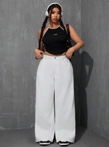 SHEIN ICON Plus Size Casual Simple Solid-Color Boyfriend Jeans - White - View 6
