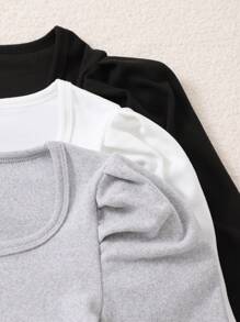 Tween Girls Solid Color Puff Sleeve Square Neck Blouse