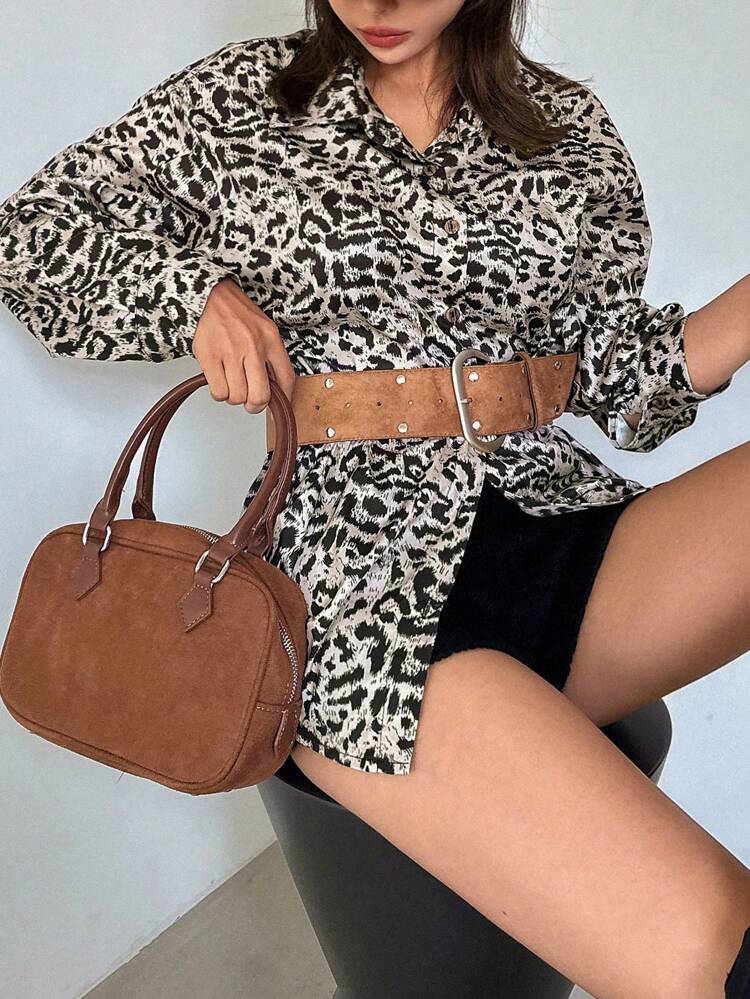 Women's Regular Collar Leopard Print Loose Blouse,Fall Clothes Long Sleeve Top