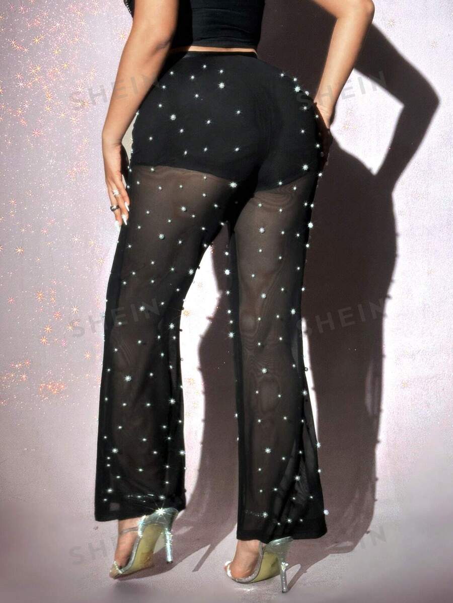 Viva Relle Pantalones sexys transparentes de talla grande con decoración de perlas, para fiestas y uso diario