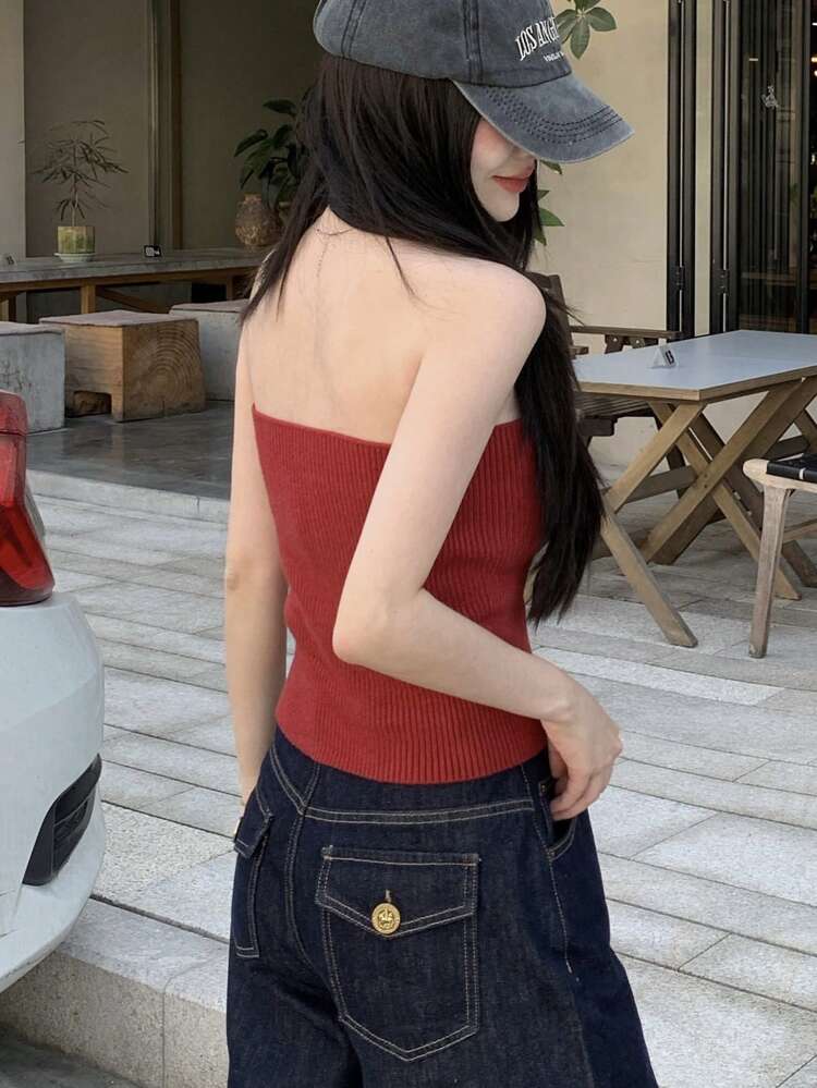 Women's Solid Tube Top Zip-Up Fitted Knitted Blouse Valentine Valentine's Day,Fall Clothes