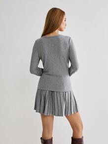 Enchnt Winter Romantic Plain V Collar Long Sleeve Single-Breasted Casual T-Shirt And Pleated Mini Skirt 2 Pieces Set, For Christmas Party&Romantic Dinner Dates, Daily Wear