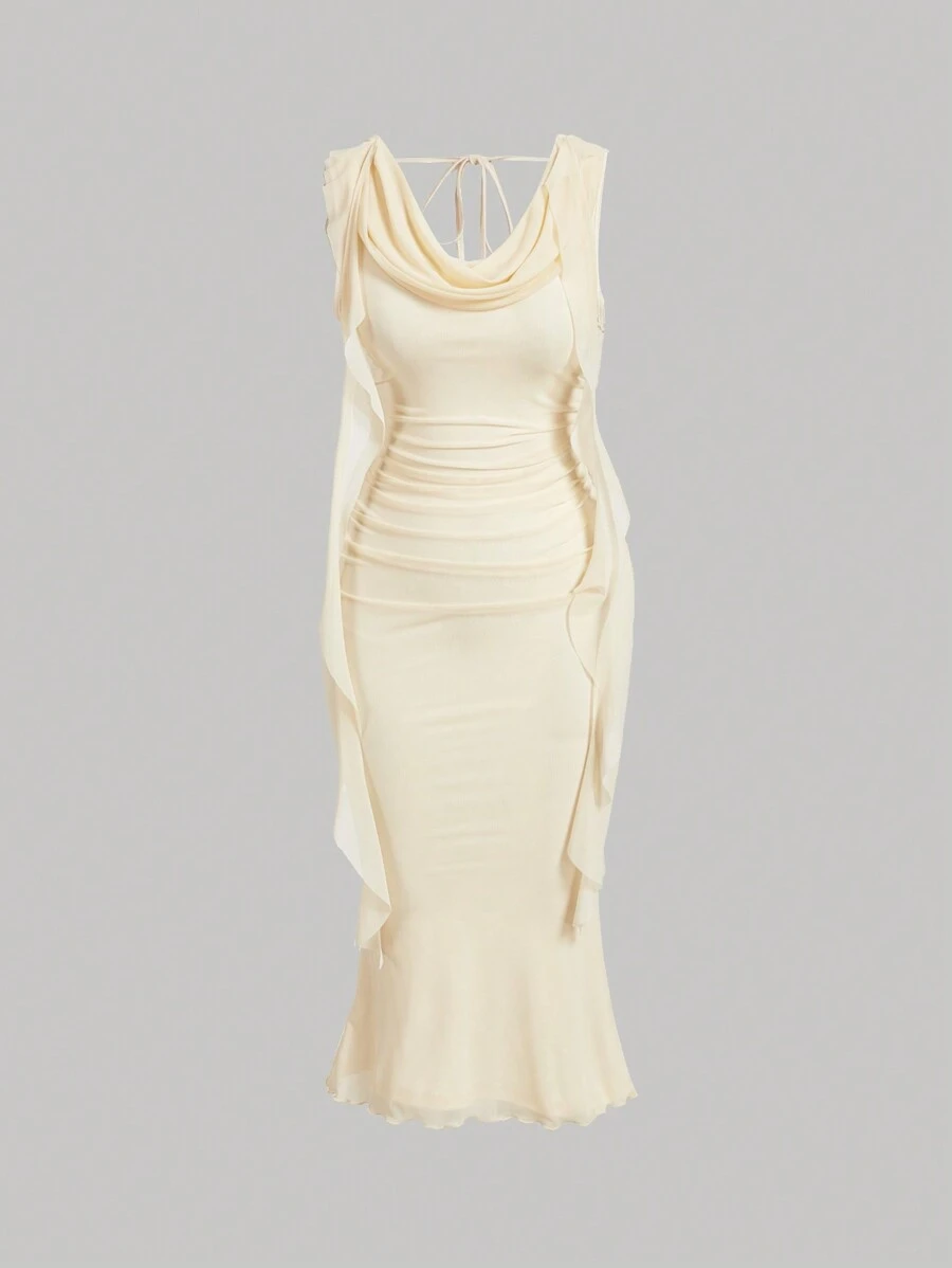 SHEIN MOD 深红色露肩系腰网眼中长连衣裙（女款） - 杏色 - 查看 1