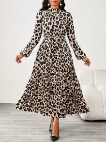 SHEIN Lady Leopard Print Dress Pleated A-Hem Long Dress For Women