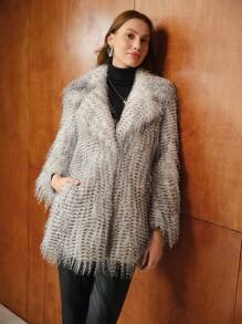 MOTF PREMIUM FLUFFY ALLOVER PATTERN WATERFALL COLLAR COAT - Black - View 4