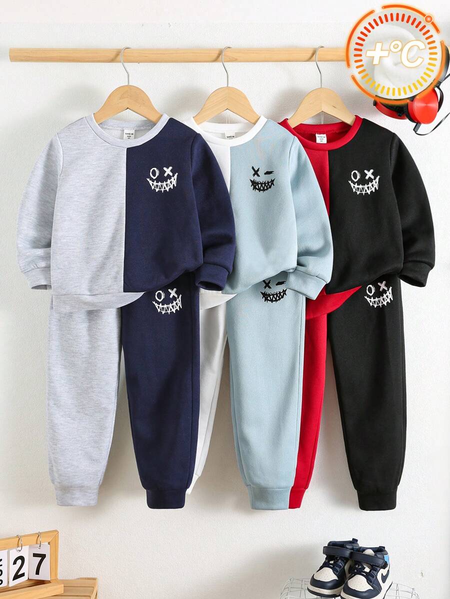 Bộ 6 chiếc/bộ thời trang thường ngày dễ thương, học sinh, cơ bản, siêu mềm mại và thoải mái, áo nỉ cổ tròn lót nhiệt phối màu có in họa tiết và quần nỉ cho bé trai, phù hợp cho trang phục khi trở lại trường, đồng phục học sinh, phù hợp để giữ ấm, phù hợp khi trở lại trường, phù hợp để sử dụng hàng ngày, phù hợp cho Giáng sinh, phù hợp cho tiệc sinh nhật, cơ bản và đa năng - Nhiều màu - Xem 1